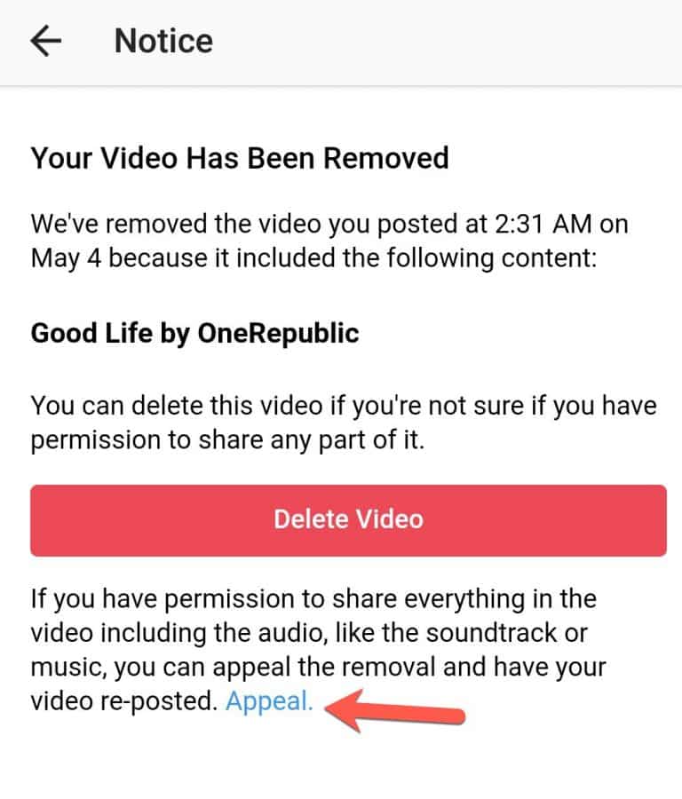 appeal for post copyright videos on instagram