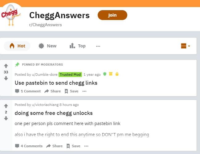 Chegg Answers on reddit