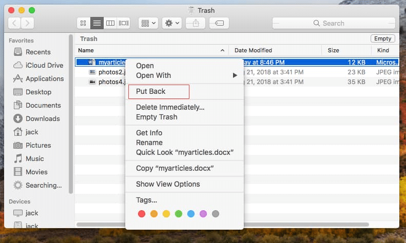 Recover Word Document Mac from Trash Bin
